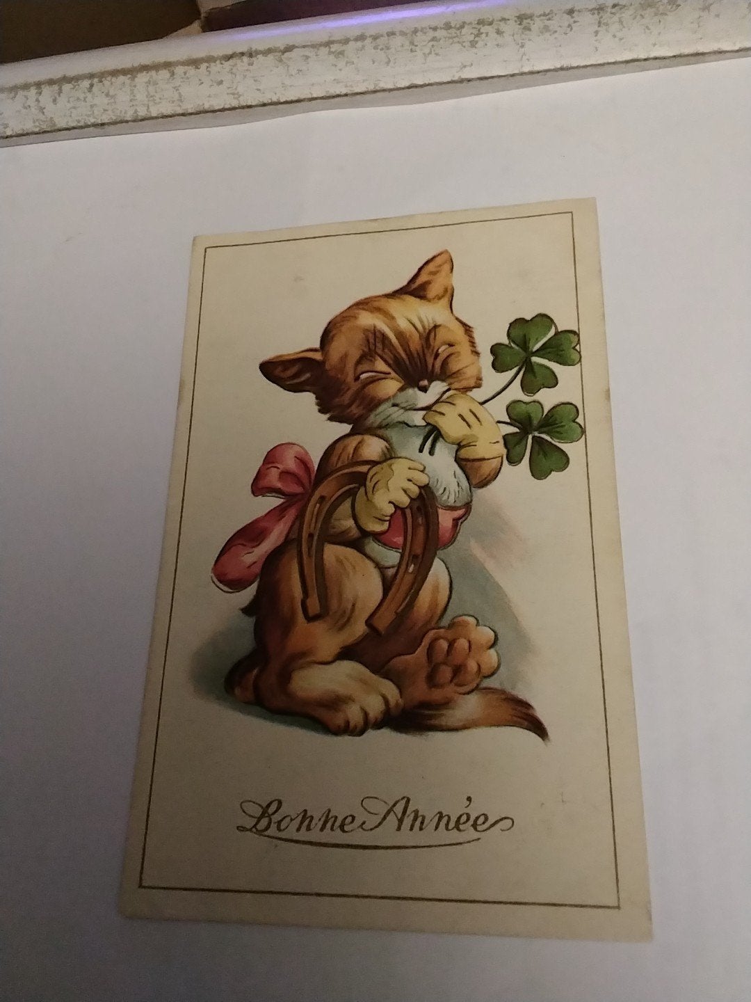 Oude Belgische kaart - Gelukskatje met klavertje vier 1949, Ophalen of Verzenden, 1940 tot 1960, Gelopen