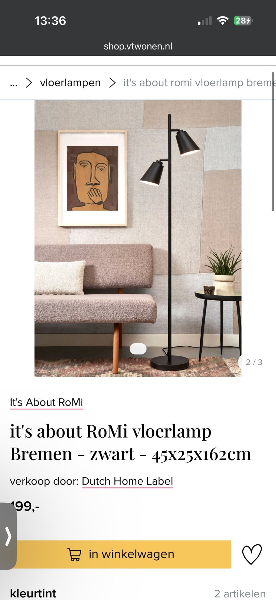 It's About RoMi Bremen Vloerlamp Zwart - 162cm, Ophalen, Overige fittingen, Zo goed als nieuw, Metaal
