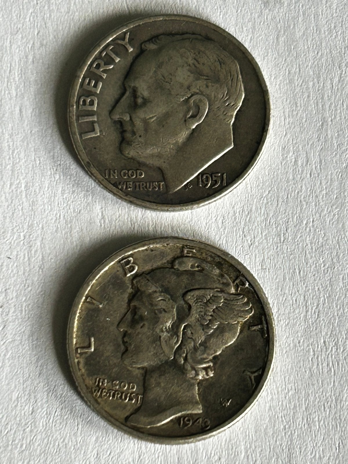Set van 2 Amerikaanse zilveren dimes (1943 & 1951-D) 90%, Postzegels en Munten, Ophalen of Verzenden, Noord-Amerika, Zilver