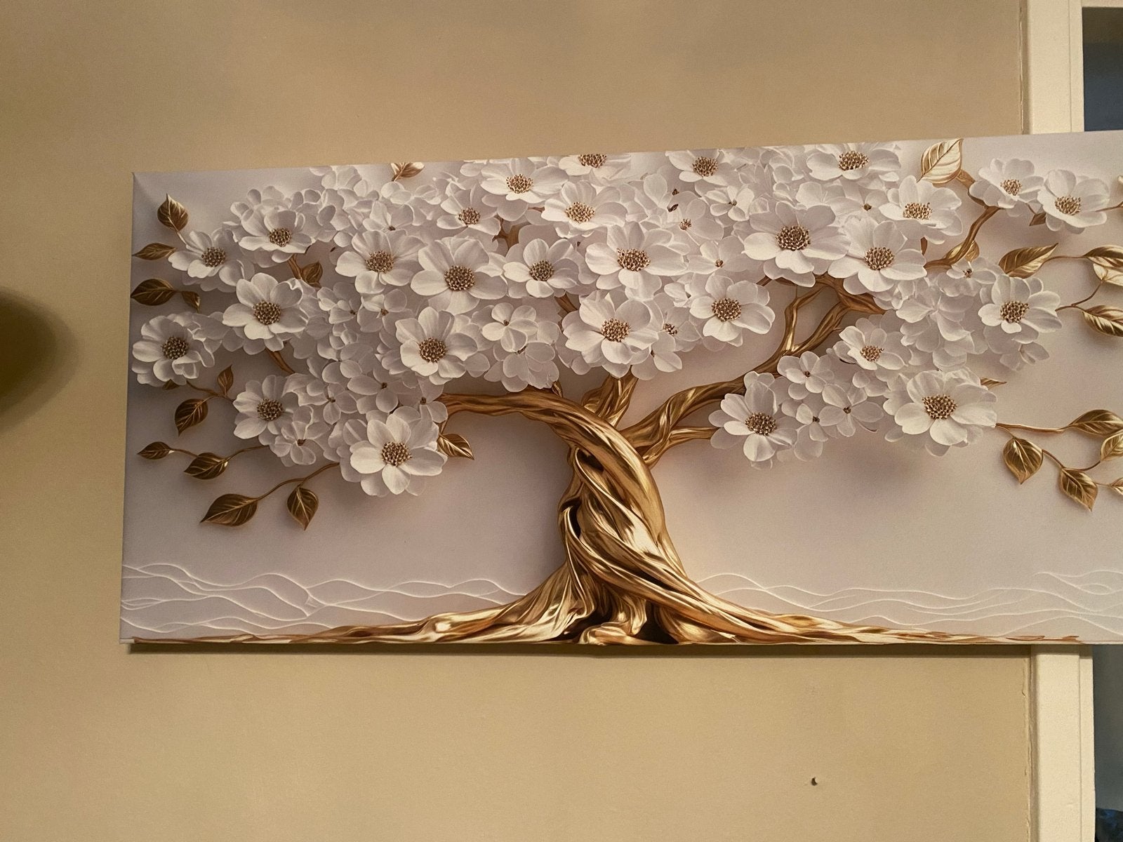 2x Schilderij 50x100 cm met 3D Gouden Boom en Witte Bloemen, Ophalen, 50 – 75, Zo goed als nieuw, Schilderij