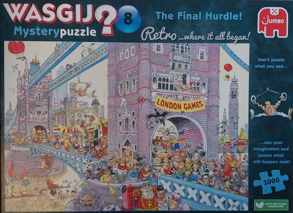 Wasgij puzzel The Final Hurdle (M, 8 RETRO), Ophalen of Verzenden, 500 t/m 1500 stukjes, Zo goed als nieuw, Legpuzzel