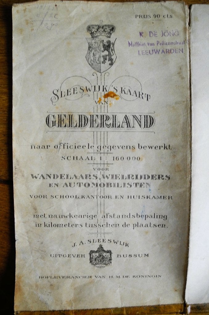 Sleeswijk's kaart Gelderland jaren 20 vorige eeuw., Gelezen, Overige typen, Ophalen of Verzenden, 1800 tot 2000