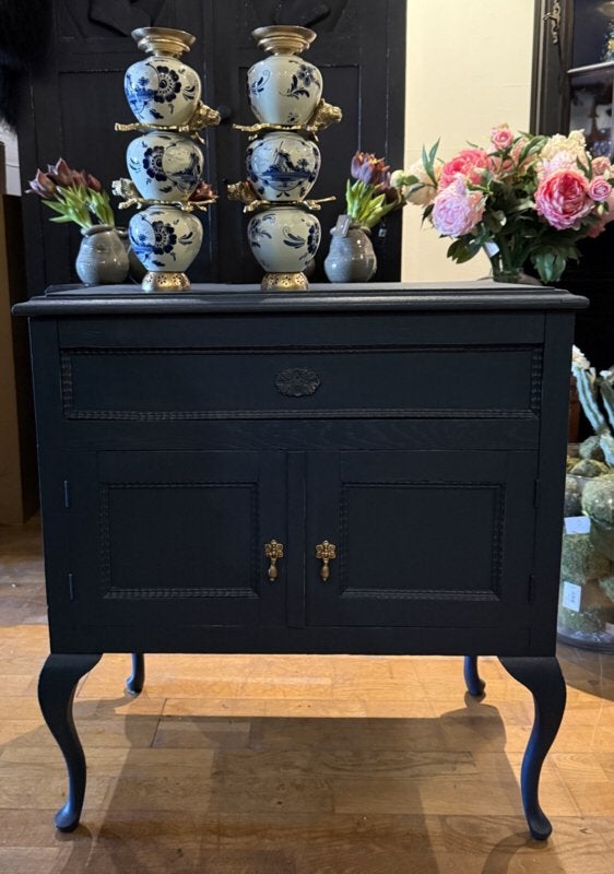 Vintage klein kastje met bovenklep, antieke kast blauw VdlM, Huis en Inrichting, Kasten | Ladekasten, Ophalen, 100 tot 150 cm
