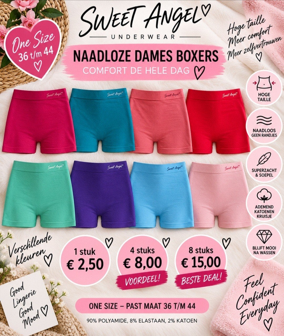 Sweet Angel Nieuwe naadloze boxers --one Size (36 tm 44), Sweet Angel, Ophalen of Verzenden, Meerkleurig, Broekje of Short