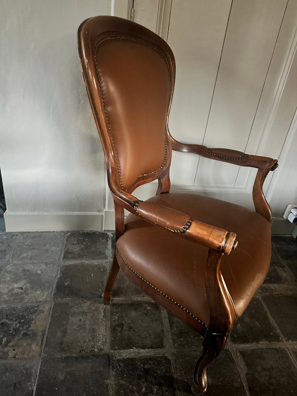 Antieke Queen Anne Stijl Stoel met Lederen Bekleding, Ophalen