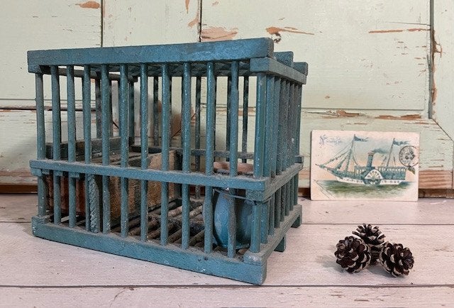Vintage Frans groen houten vogelkooitje + origineel kruikje, Ophalen of Verzenden