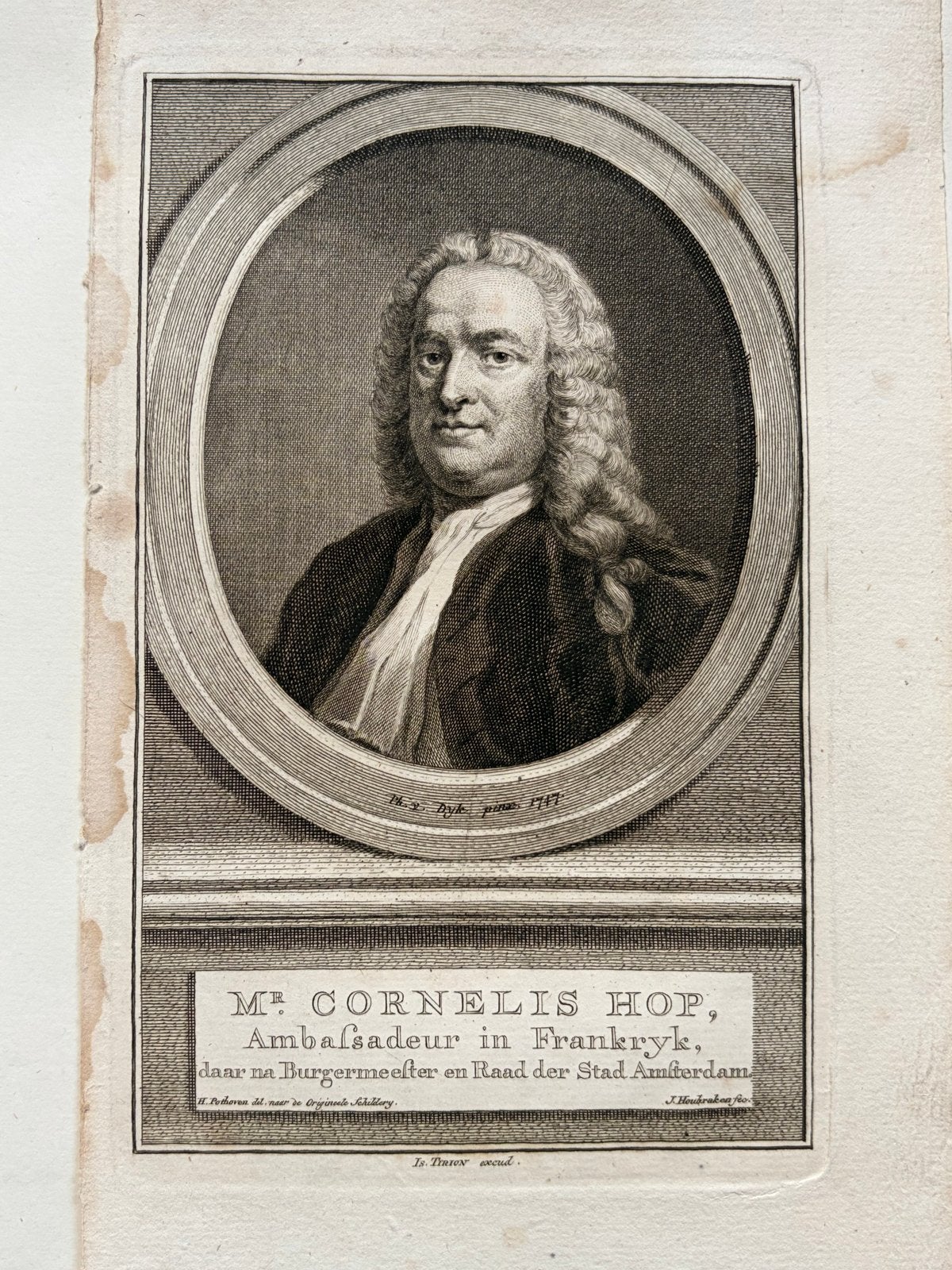 Antieke Kopergravure Cornelis Hop, Burgemeester Amsterdam, Met tekst, Ophalen of Verzenden, Gravure, 11 cm
