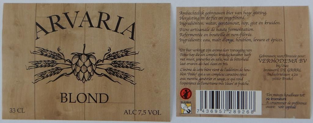 Bieretiket Arvaria Brouwerij De Graal (13c7), Verzenden, Gebruikt, Overige typen, Overige merken