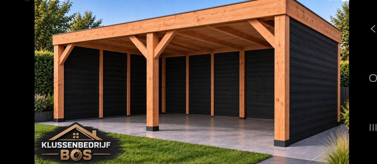 Moderne houten overkapping met zwarte wanden, Ophalen, Tuinhuis, Nieuw, Zonder ramen