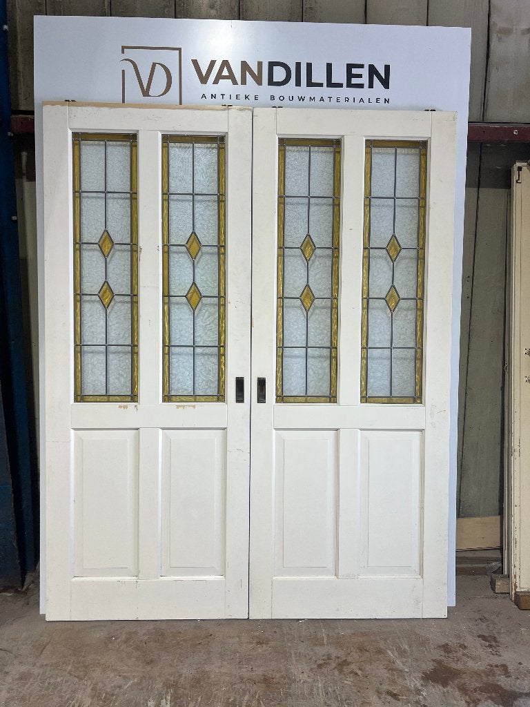 Oude robuuste ensuite schuifdeuren met glas in lood, Gebruikt, 120 cm of meer, Binnendeur, Ophalen of Verzenden