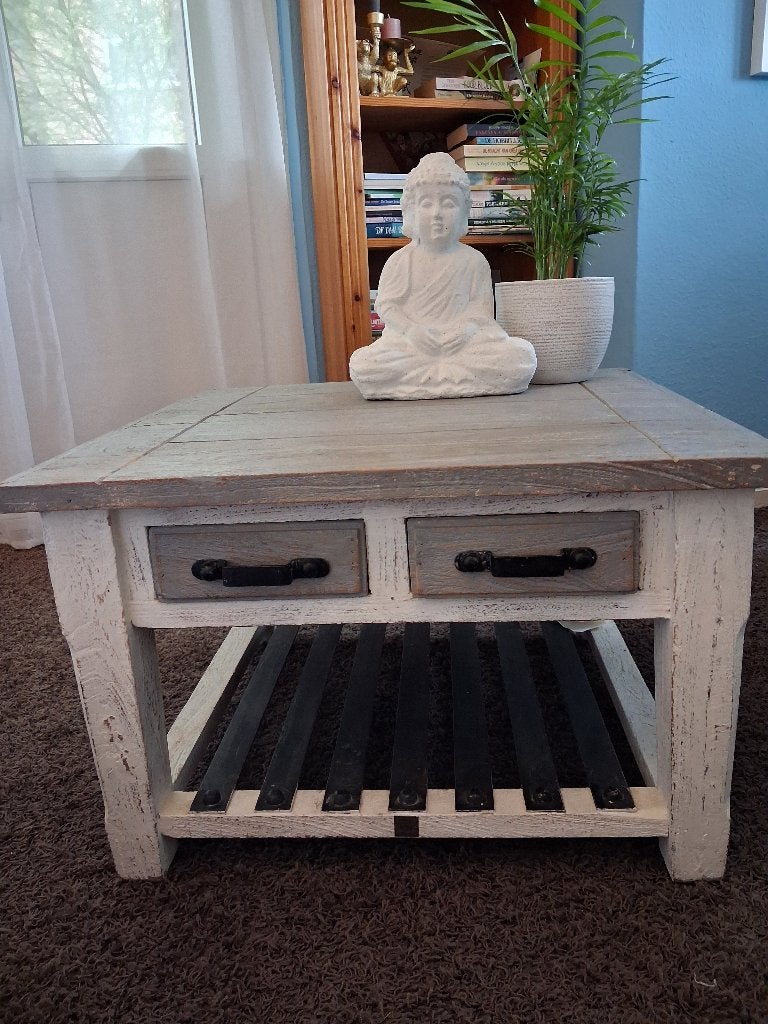 Houten Riviëra Maison white wash salontafel, Ophalen, Gebruikt, 50 tot 100 cm, Vierkant