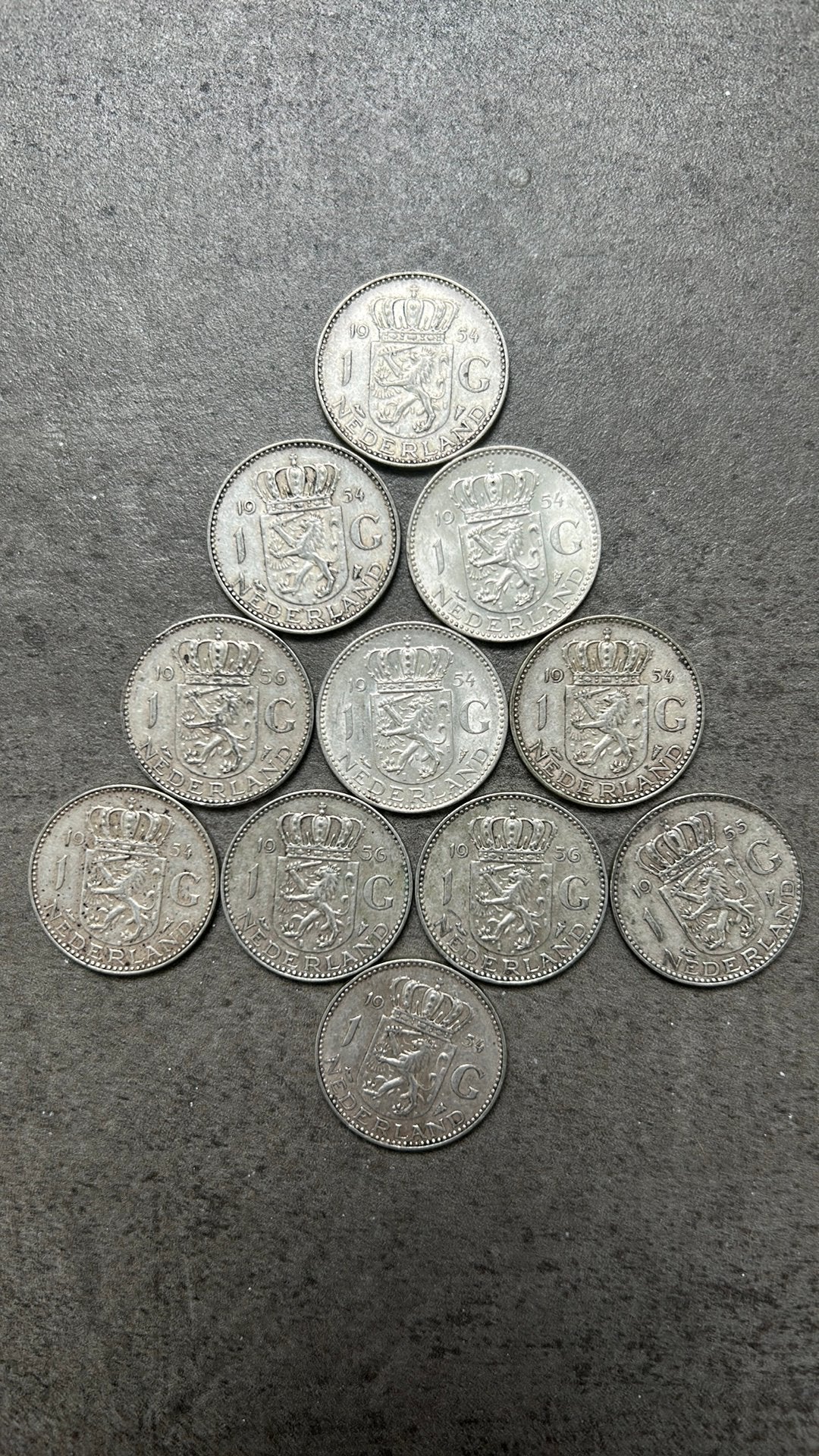 Prachtige set van 11 zilveren guldens, Postzegels en Munten, Ophalen, Koningin Juliana, 1 gulden, Zilver