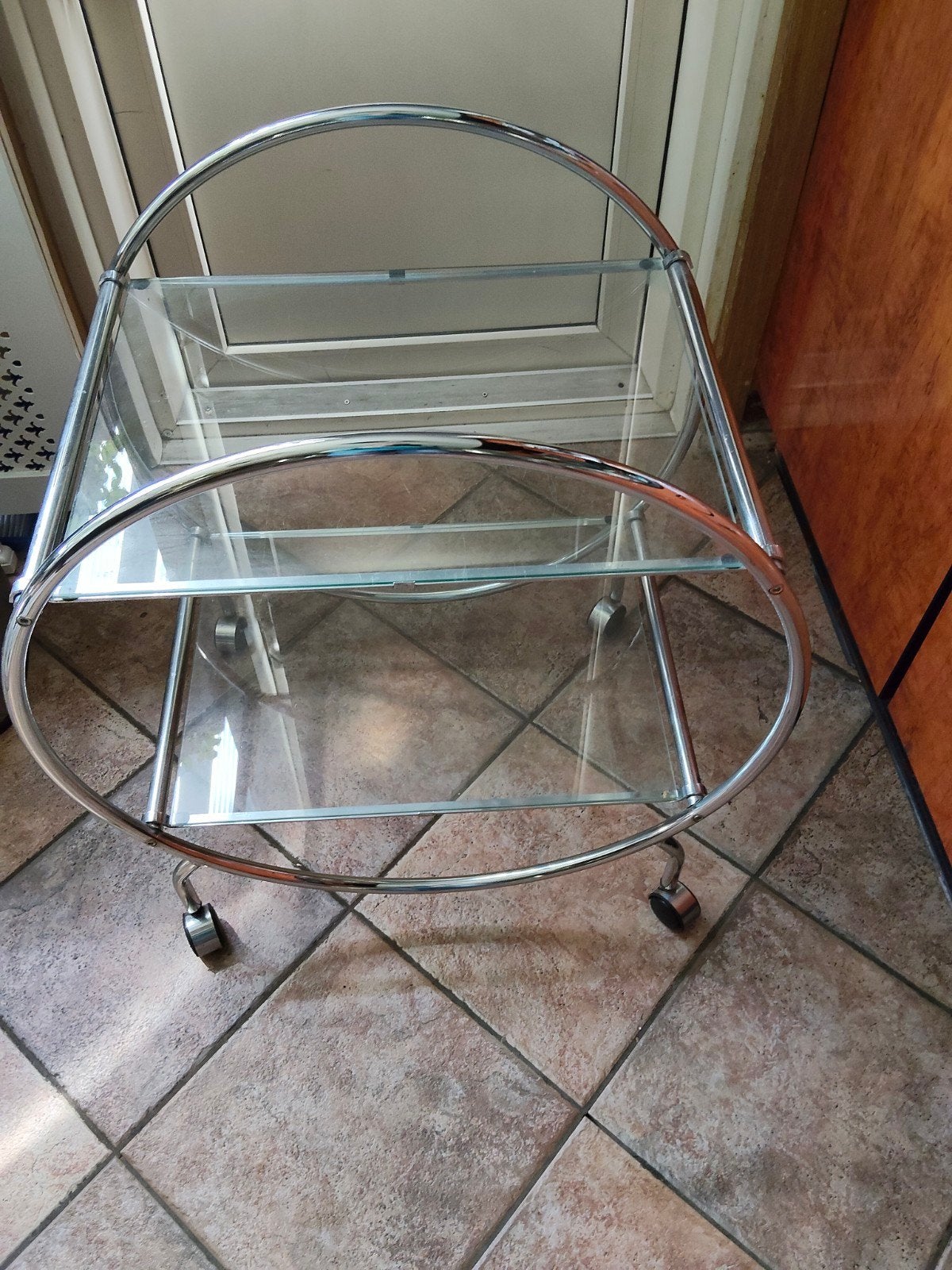 Vintage serveerwagen chroom en glas, 50 – 75, Gebruikt, 50 tot 100 cm, Vintage