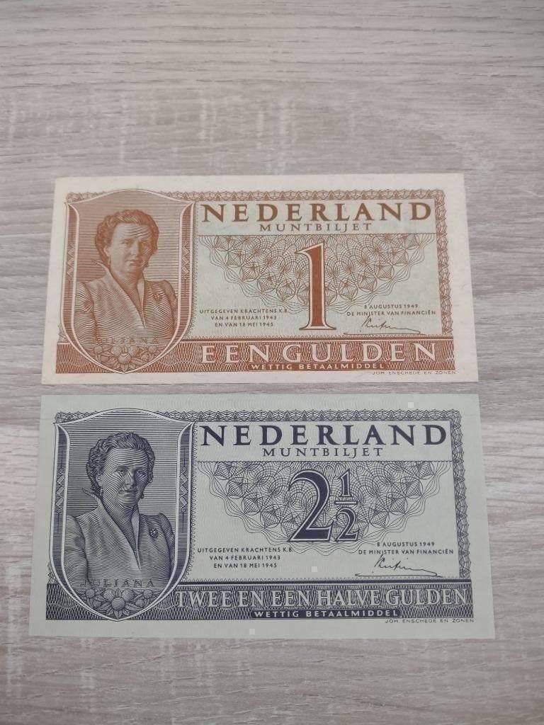 Setje UNC biljetten 1 en 2,5 gulden 1949, muntbiljet, Postzegels en Munten, Ophalen of Verzenden