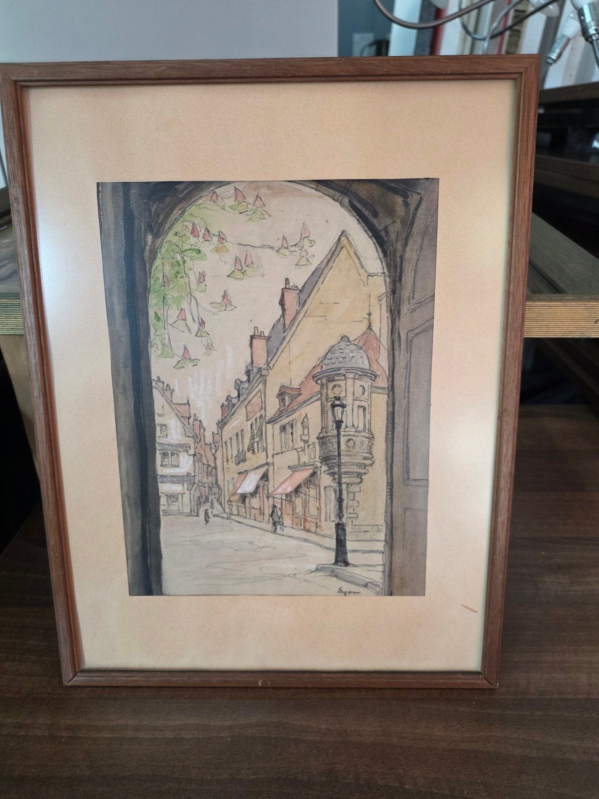 Ingelijste aquarel van een straatbeeld, gesigneerd, Ophalen of Verzenden, Tekening, Aquarel, Ingelijst