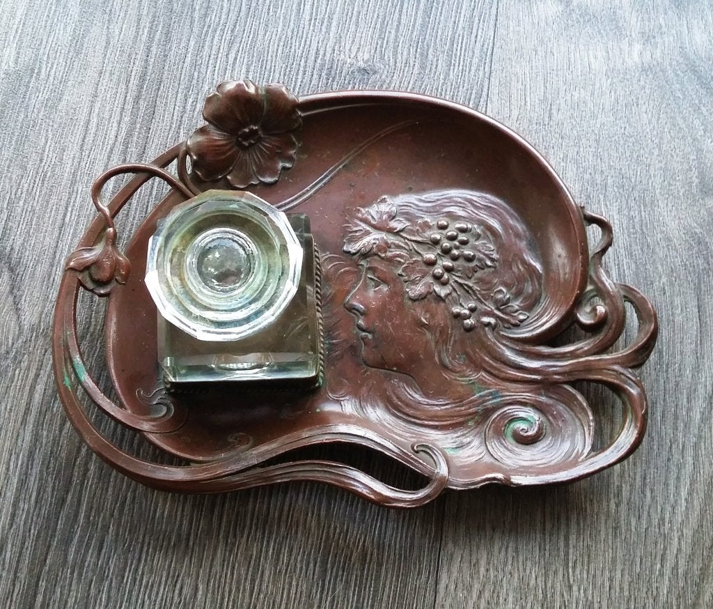 Omstreeks 1900 -1920 Tinnen Art Nouveau Inktstel Aflegschaal, Antiek en Kunst, Ophalen of Verzenden