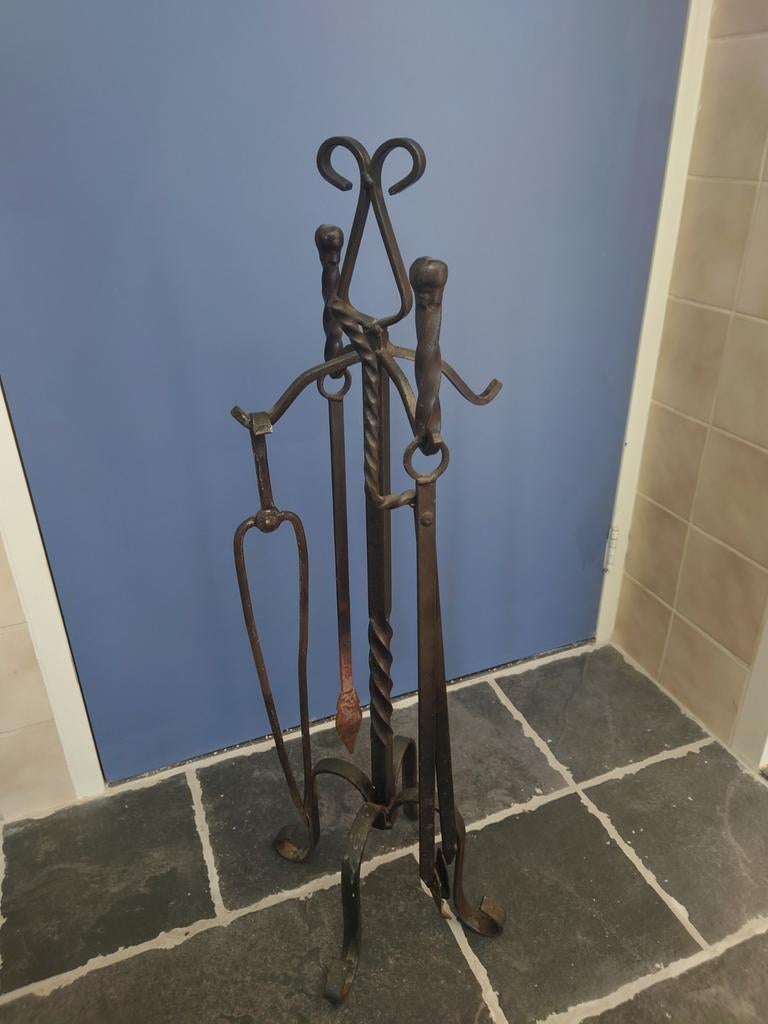 Kachel / haard bestekset (2x tang, 1x pook en 1x houder), Ophalen of Verzenden, Gebruikt, Houthaard