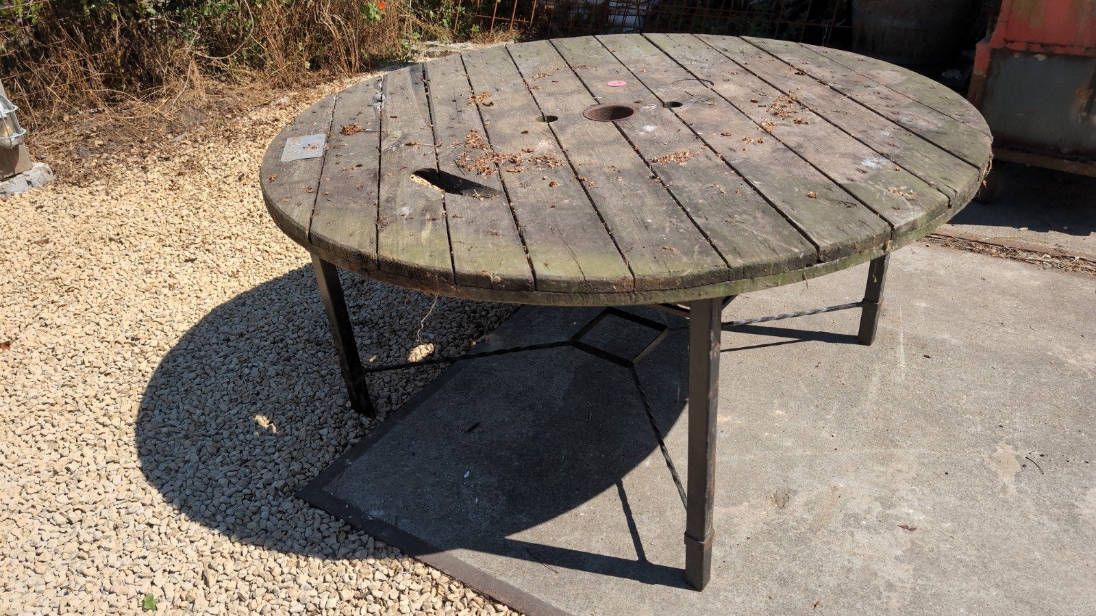 tuintafel Tafelblad van haspel met onderstel, 160cm doorsned, Ophalen, Gebruikt