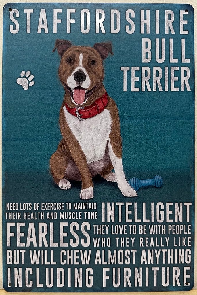 Staffordshire Bull Terrier eigenschappen metalen reclamebord, Info@deconoord.nl, Deco Noord, Nieuw, Ophalen of Verzenden