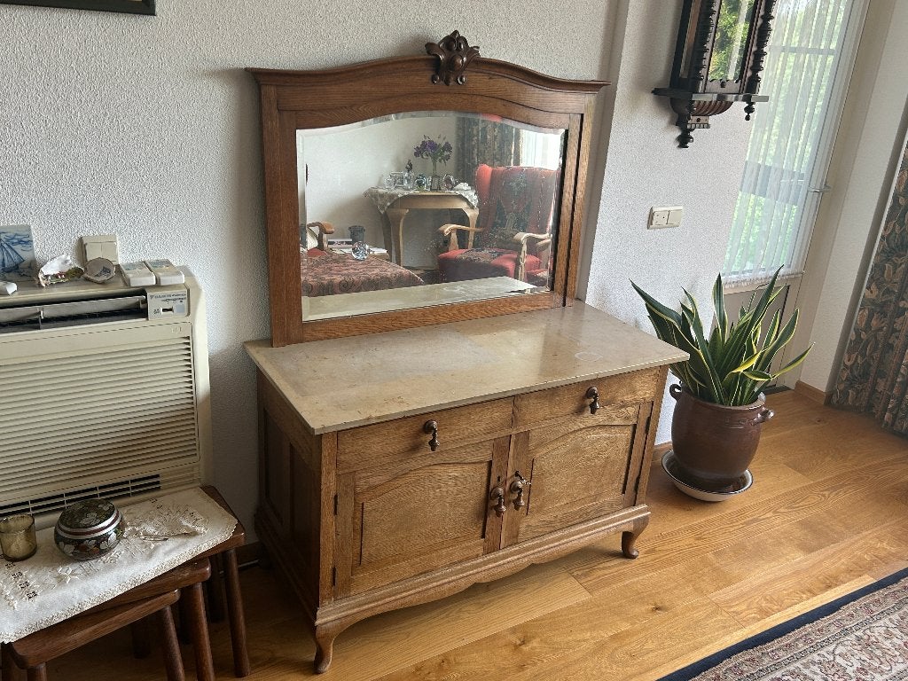 Dressoir eiken oud met marmer blad en spiegel, Ophalen, Gebruikt, 100 tot 150 cm, Eikenhout