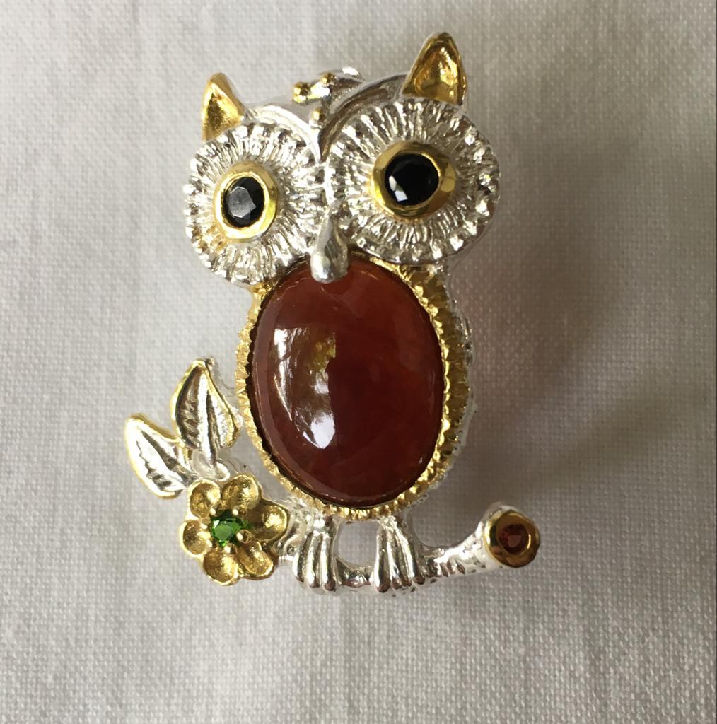 Unicaat  Uil Broche met Edelstenen - Sterling Zilver 925, Sieraden, Tassen en Uiterlijk, Broches, 4 tot 7 cm, Nieuw, Ophalen of Verzenden