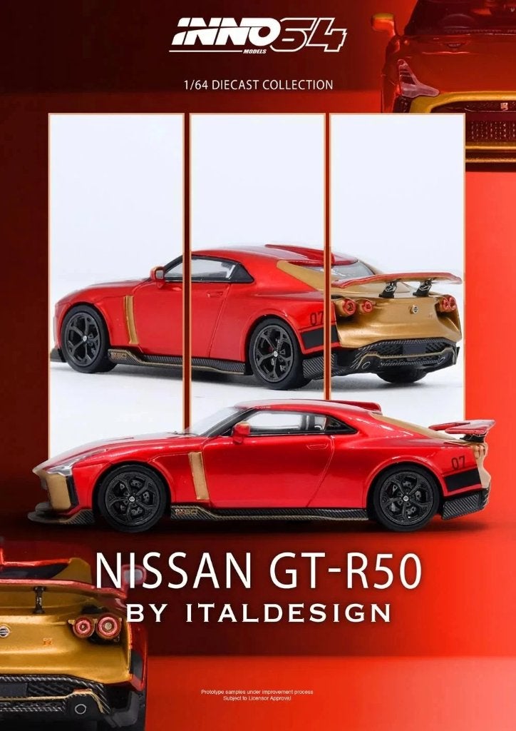 Nissan Skyline GT-R 50 van Inno64 1/64 red/gold Italdesign, Ophalen of Verzenden, Nieuw, Auto