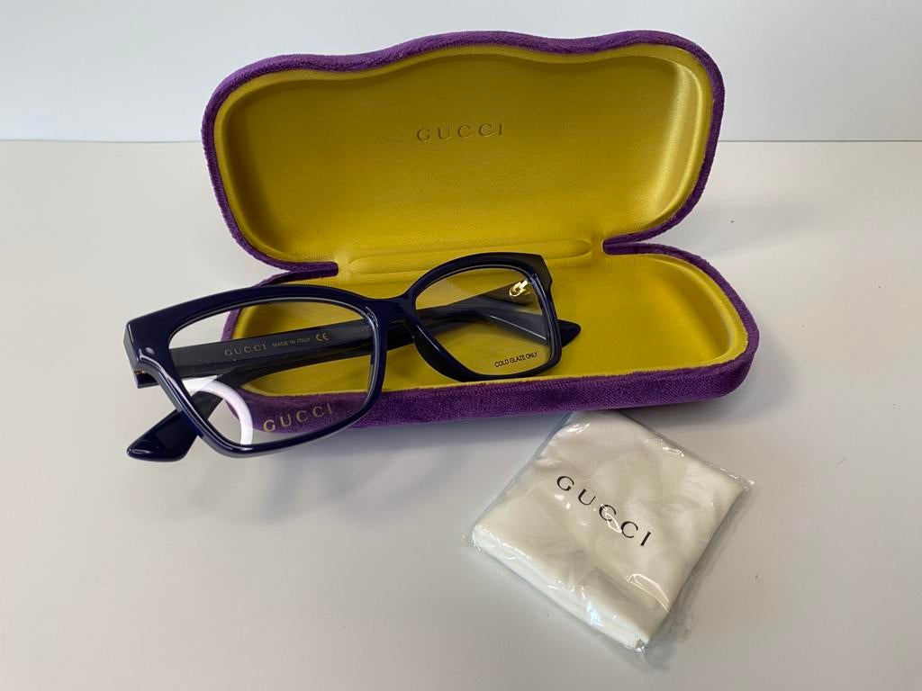 Gucci brilmontuur donkerblauw met goudkleurige elementen, Overige merken, Blauw, Ophalen of Verzenden, Zo goed als nieuw