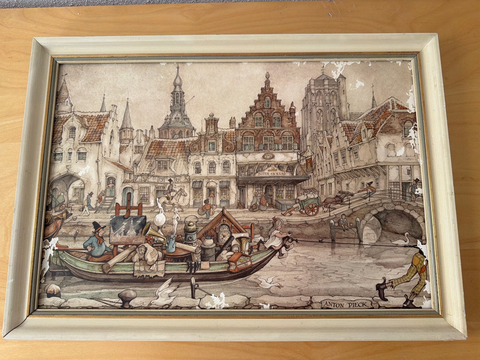 Anton Pieck Stadsgezicht - Gracht met boten en mensen, Ophalen of Verzenden, Klassiek, Print, Ingelijst