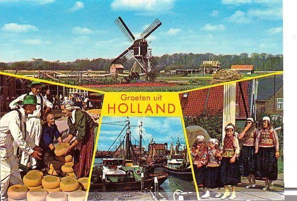 Ansichtkaart	Klederdracht	Boten	Molen	4-luik, Verzenden, 1960 tot 1980, Ongelopen, Klederdracht