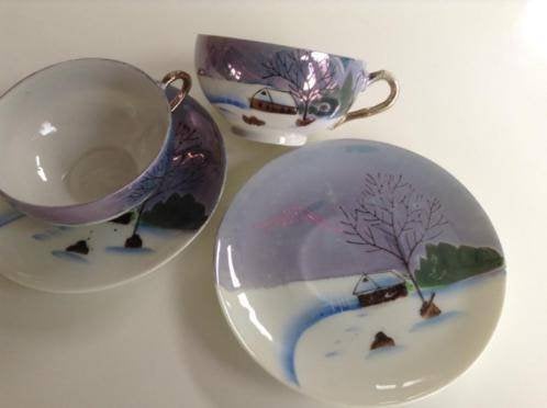Set twee vintage Japanse kop en schotels winterlandschap, Ophalen of Verzenden