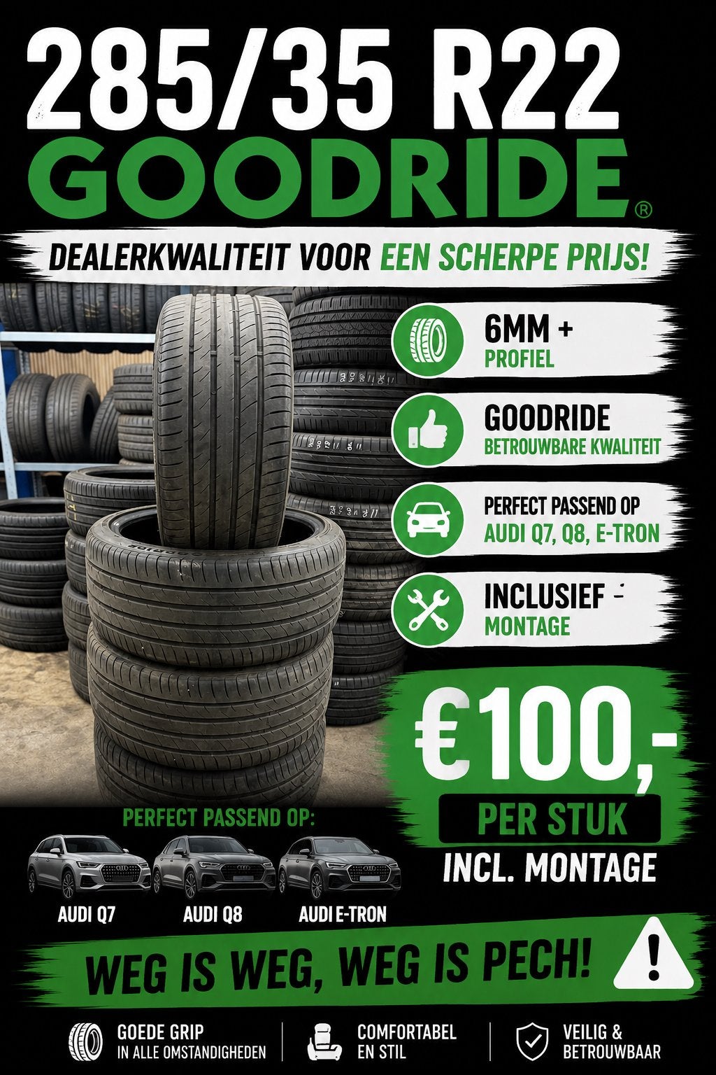 4x 285/35/22 6mm+ Goodride zomer €100 pst incl montage, Ophalen, Zomerbanden, Band(en)