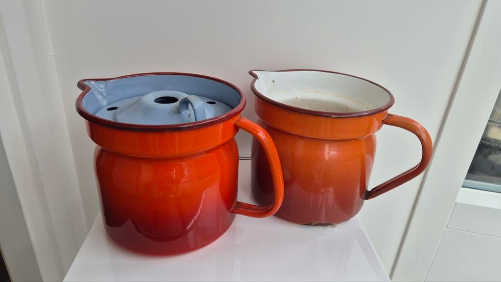 Vintage emaille melkkokers - set van 2, Antiek en Kunst, Ophalen of Verzenden