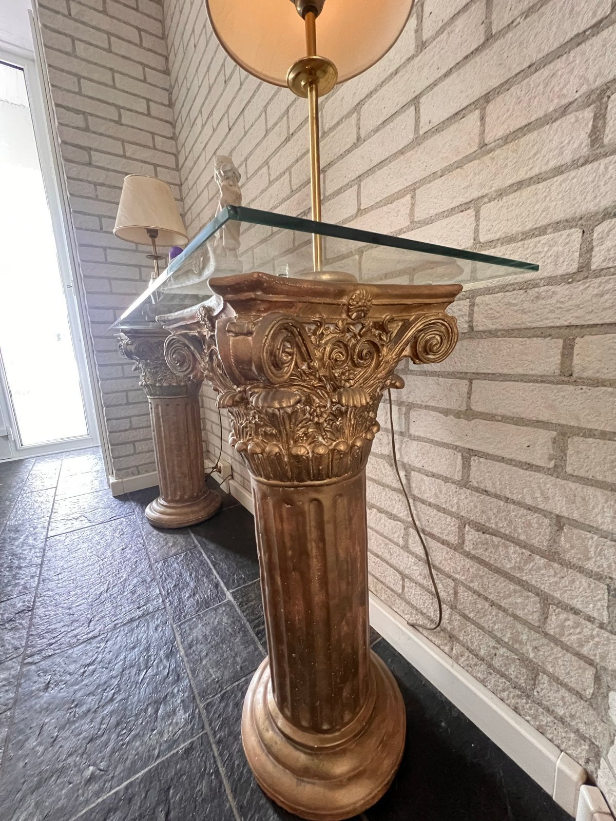 Gouden console tafel met glazen blad, Ophalen of Verzenden