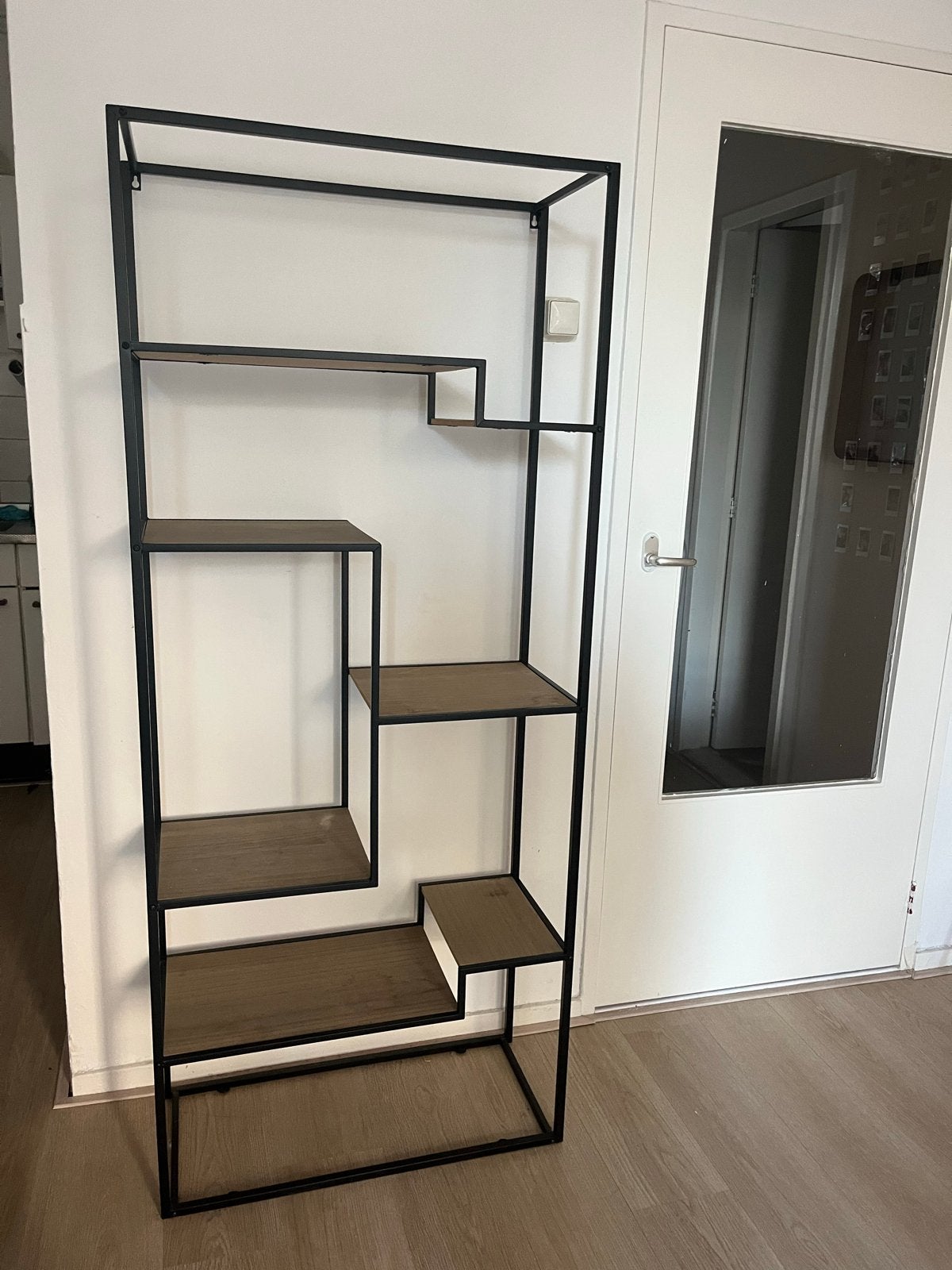 Modern Zwart Metalen Boekenkast met Houten Planken, Ophalen, Met plank(en), 200 cm of meer, 50 tot 100 cm