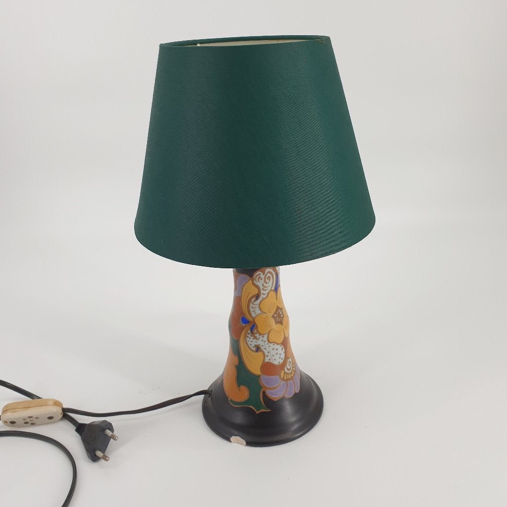 Platelen staande lamp met groene kap 34 cm hoog, Gebruikt, E14 (klein), Ophalen of Verzenden, 150 tot 200 cm