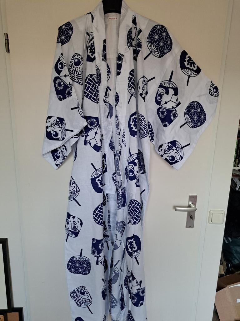 Katoenen Nieuwe Japanse kimono s m waaier print wit blauw, Ophalen of Verzenden, Nieuw, Blauw, Onder de knie