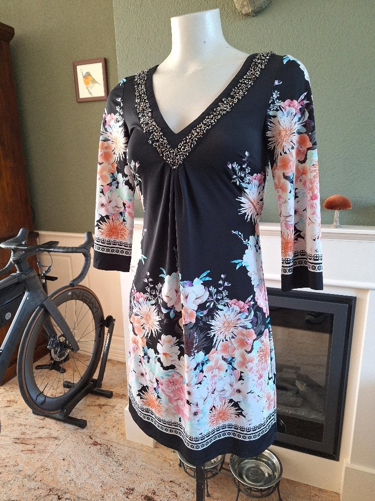 K-Design K Design zwart met bloemen jurk S, K-design, Verzenden, Zwart, Knielengte