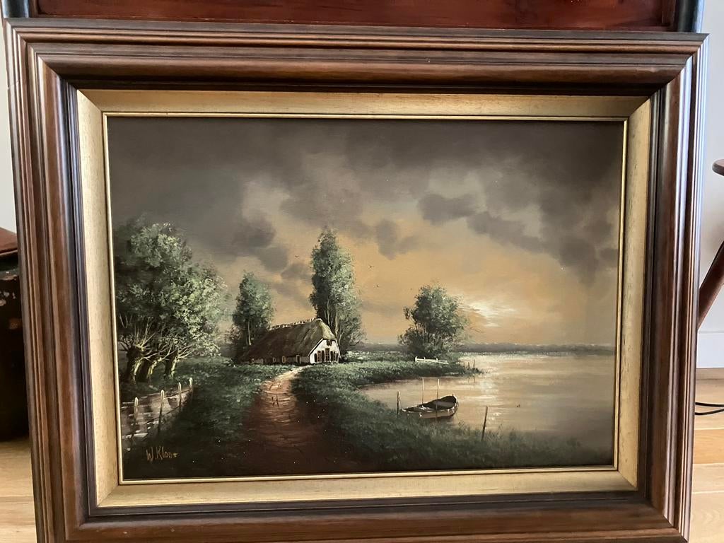 Prachtig schilderij landschap, huis aan het water, W.Kloos, Antiek en Kunst, Ophalen of Verzenden