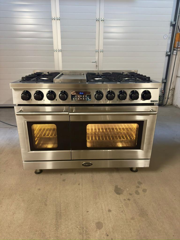 Luxe Boretti gasfornuis met dubbele oven – professioneel, Ophalen, Warmhoudplaat, 60 cm of meer, Zo goed als nieuw