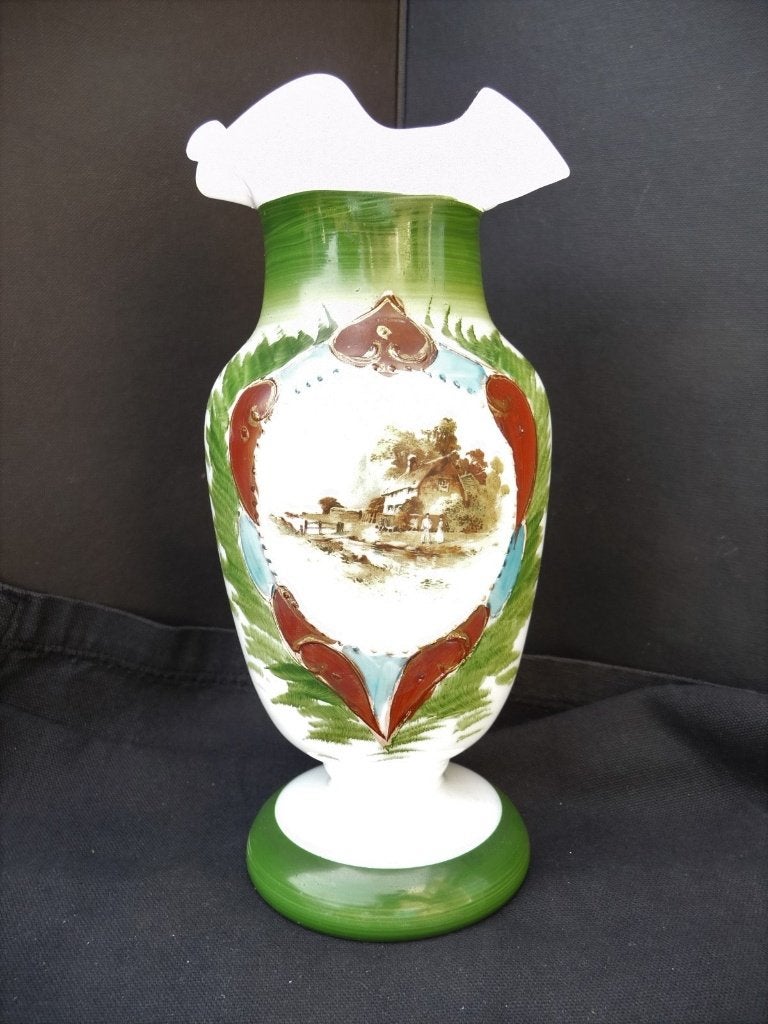 ANTIEKE GLAZEN VAAS GEBRANDSCHILDERD JAREN 40 50 , 21 CM, Antiek en Kunst, Verzenden