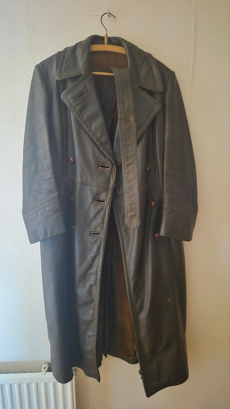 Vintage 50er jaren Leren Trenchcoat motorjas handgemaakt, Bruin, Onbekend, Gedragen, Ophalen