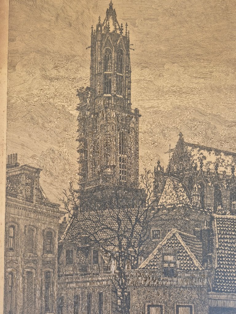 Domtoren Utrecht - Gedetailleerde ets, Antiek en Kunst, Kunst | Etsen en Gravures, 34 cm, Ets, Stadsgezicht, Ophalen of Verzenden