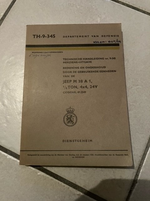 Nekaf M38A1 voorschrift / handleiding / smeerkaart, Ophalen of Verzenden, Landmacht, Nederland, Boek of Tijdschrift