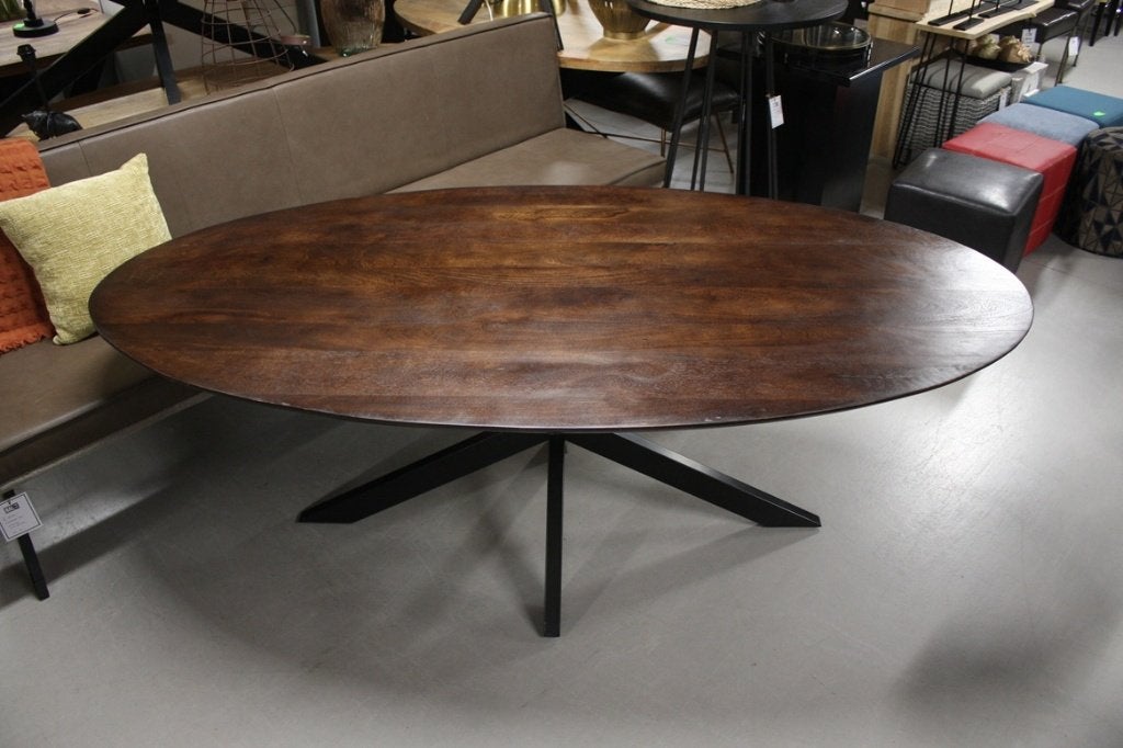 Sfeervolle ovale tafel eettafel metaal mangohout donkerbruin, Huis en Inrichting, Ophalen, 100 tot 150 cm, 200 cm of meer, Zo goed als nieuw