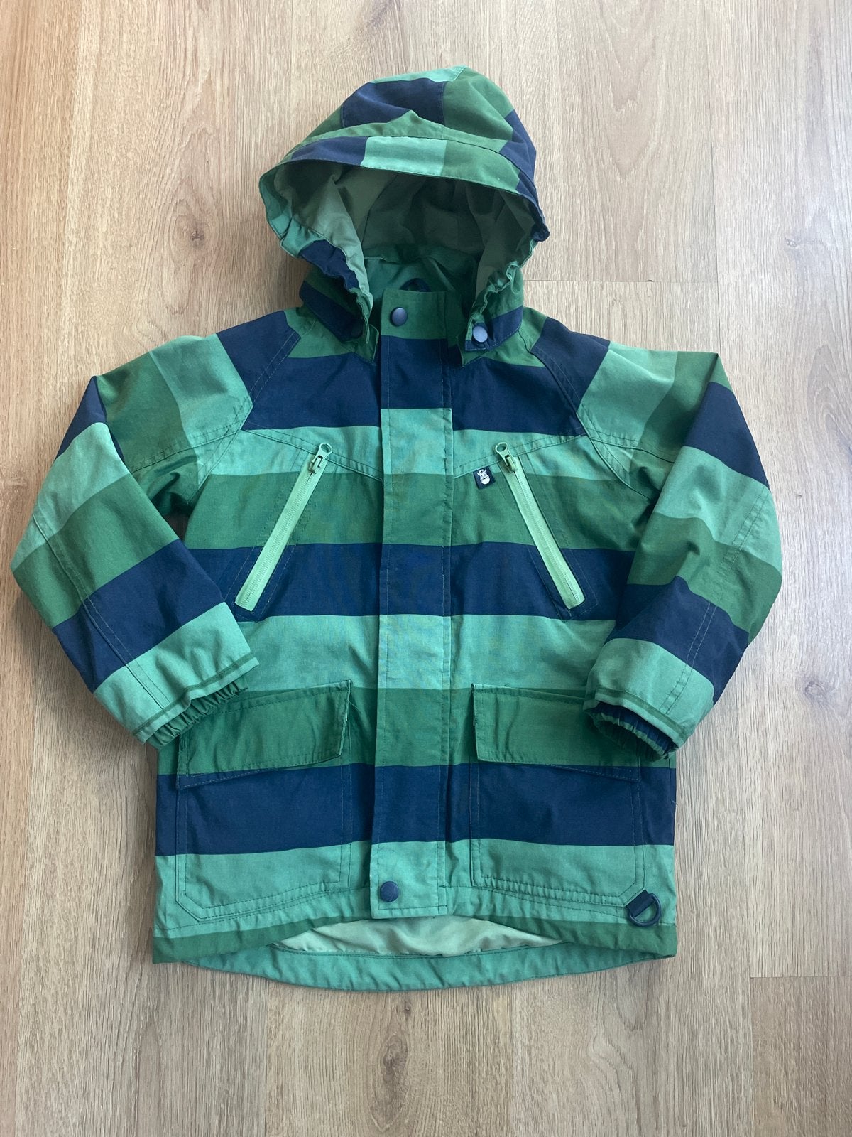 Danefae 7 jaar windjas blauw groen gestreept met capuchon, Danefae, Verzenden, Jongen of Meisje, Zo goed als nieuw