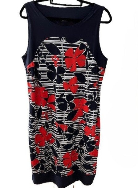 Gerry Weber mouwloze jurk blauw rood wit 44 valt als maat 42, Maat 42/44 (L), Zo goed als nieuw, Gerry Weber, Onder de knie