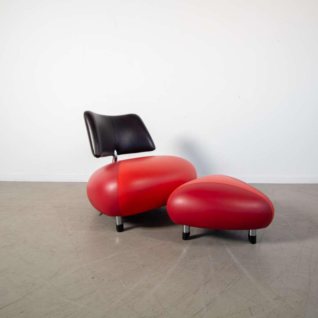1x Leolux Pallone Fauteuil + Hocker Rood/oranje/zwart, Niet ingevuld, Niet ingevuld, Ophalen of Verzenden, Zo goed als nieuw
