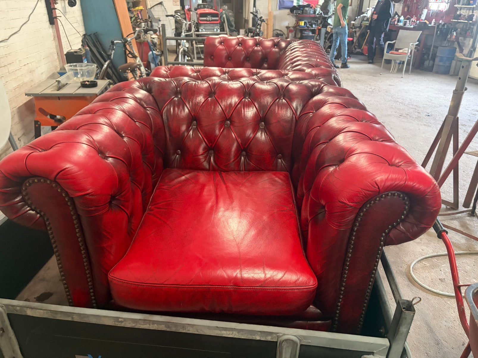 Chesterfield bank rood zwart gevlamd, Minder dan 75 cm, 150 tot 200 cm, Tweepersoons, Leer