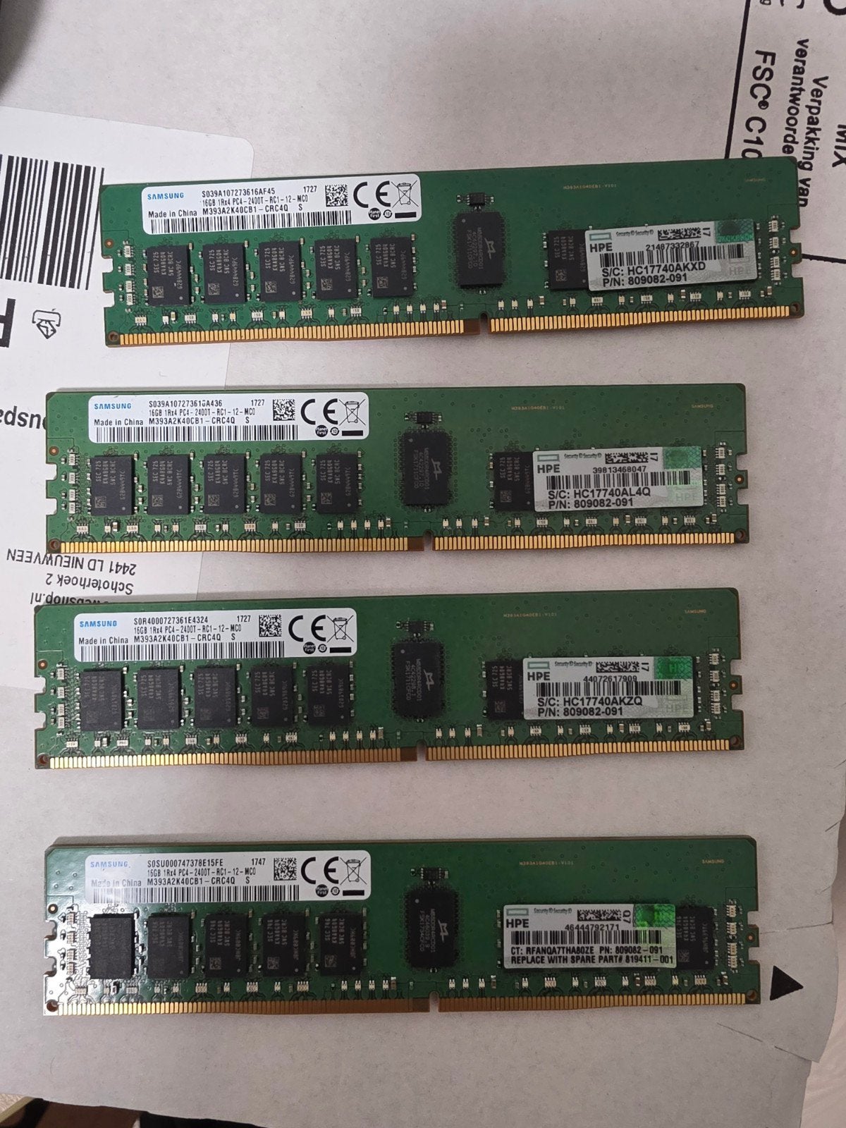 Samsung 64GB (4x16GB) DDR4 RAM PC4-2400T, Computers en Software, Gebruikt, Server, DDR4, Ophalen of Verzenden