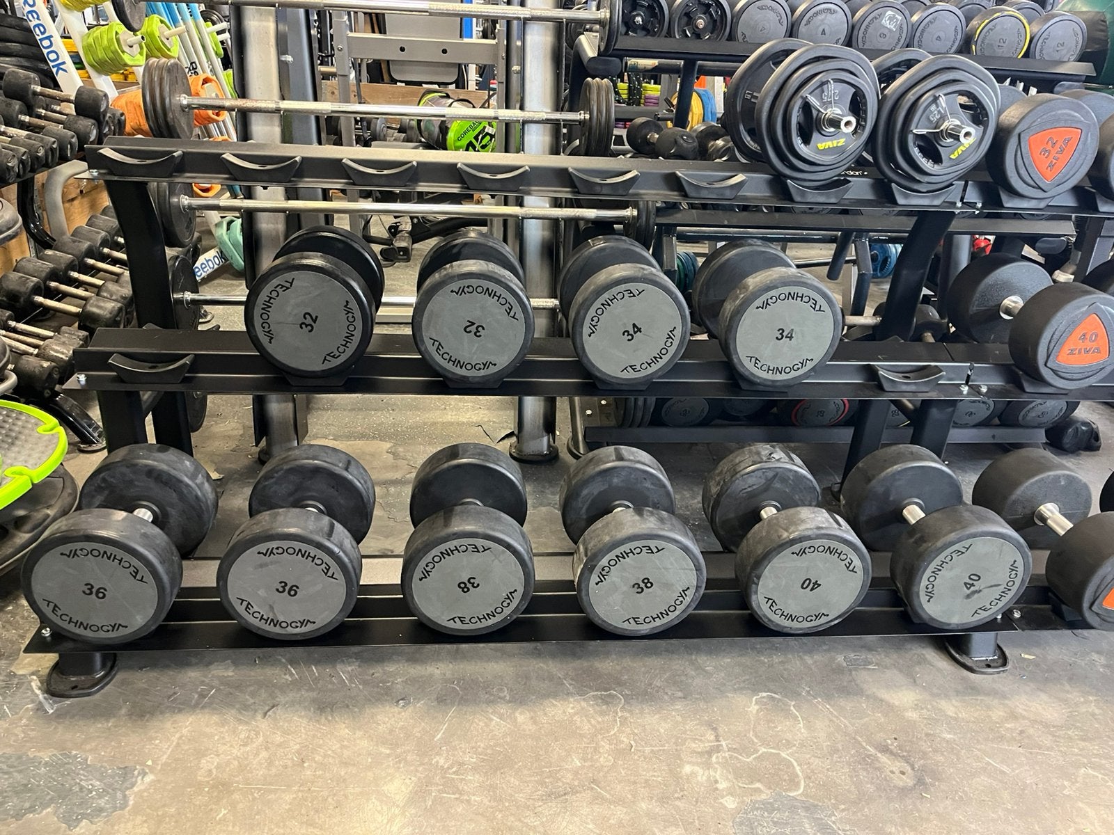 Technogym pu rubberen dumbbells 32-40 kg gewichten, Ophalen, Dumbbell, 32-40 kg, Pu rubberen dumbbells